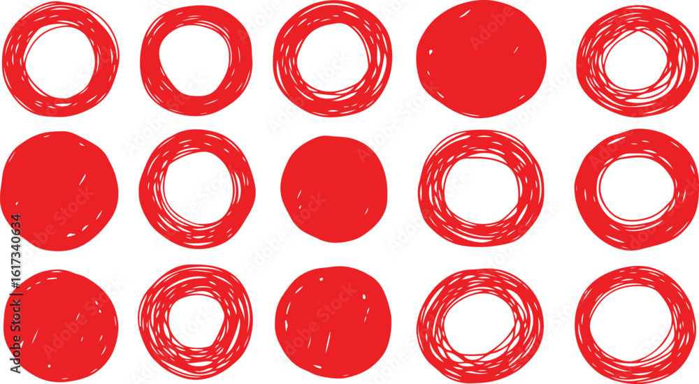 Poster collection of red oval shapes and circles isolated on transparent background