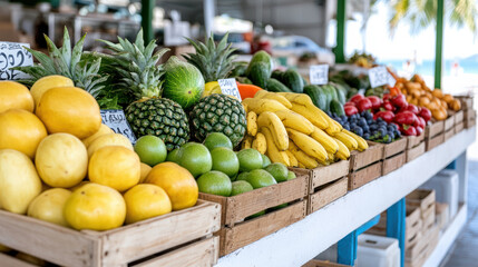 Fresh tropical fruits display at vibrant market stall, showcasing colorful produce