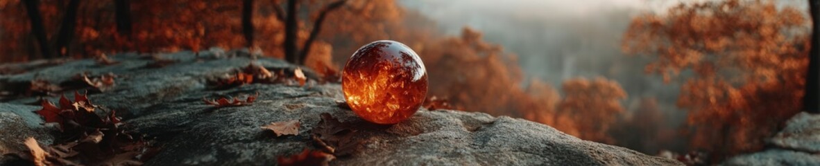 Fototapeta premium A glowing orb rests on a stone altar in a misty forest as golden sunlight filters through leaves, evoking peace and natural spiritual energy.