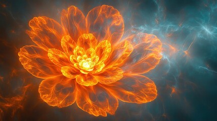 Fiery Fractal Flower: Abstract Digital Art with Glowing Petals and Energy.