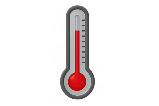 Transparent background displaying red thermometer with climbing mercury, symbolizing rising temperatures, health concerns, climate change