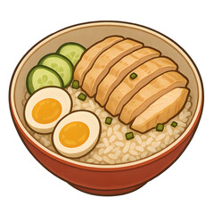 Hainanese Chicken Rice Bowl Illustration with Eggs on Transparent Background