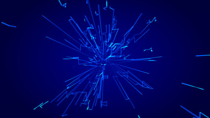 Abstract background with glowing particles and light lines. Animation rotation of optical fiber wires. Animation of seamless loop.
