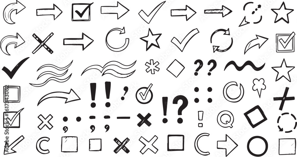 Poster collection of hand drawn doodle arrows checkmarks and symbols isolated on transparent background