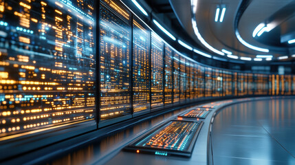 Fototapeta premium Futuristic control room with glowing screens and illuminated panels, showcasing advanced