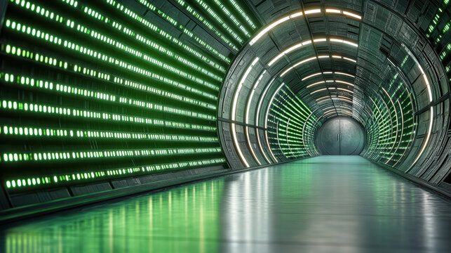 Futuristic tunnel with glowing green lights and sleek metallic walls creates immersive
