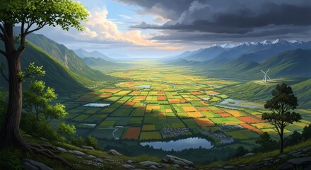 Serene valley vista: patchwork farmland, mountains, and a wind turbine under a dramatic sky.