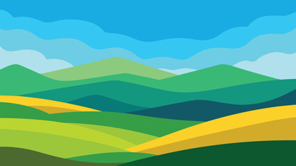 Obraz premium Vibrant rolling hills and mountains under a bright blue sky with clouds