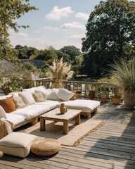 Fototapeta premium Cozy Outdoor Patio Area With Soft White Sofa, Wooden Coffee Table, And Decorative Plants Creating A Tranquil Mood