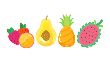 A vibrant collection of tropical fruits including strawberry, orange, papaya, pineapple and pitaya isolated on white background