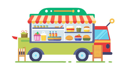 A vibrant food truck isolated on white background offers a variety of fast food options, providing a convenient mobile street food service