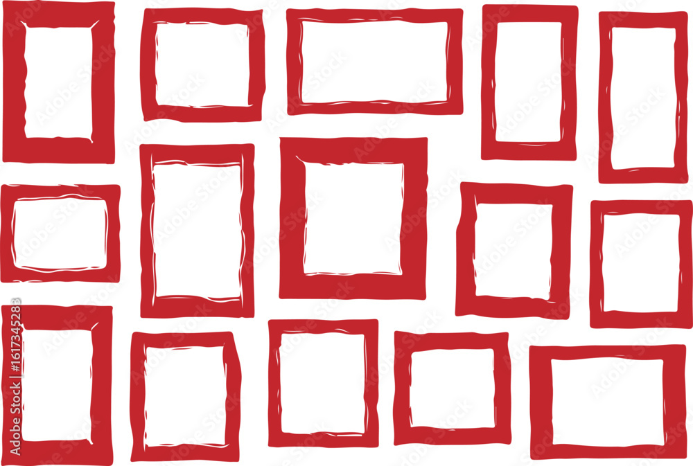 Poster collection of red rectangular frames with textured edges isolated on transparent background