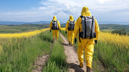 Hazmat team walking through field in protective suits, showcasing safety and preparedness
