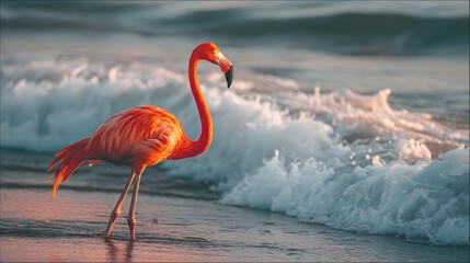Vibrant flamingo wading in the shallows of a tranquil ocean shore.