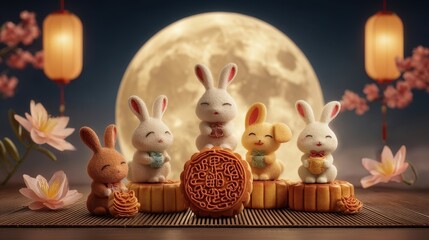 Adorable rabbits gathered around a large mooncake under a full moon, celebrating a festive occasion with lanterns and flowers.