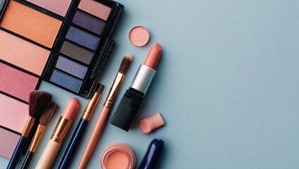 Flat lay of various makeup products.  A pastel palette