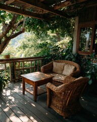 Obraz premium Charming Outdoor Patio Area With Woven Seating, Wooden Table, And Lush Greenery Creating A Tranquil Effect