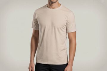 Young Man in Beige T-Shirt Front Mockup