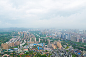 Fototapeta premium Overlooking the cityscape of Dandong from the Yellow Sea Pearl Tower, Dandong, Liaoning, China