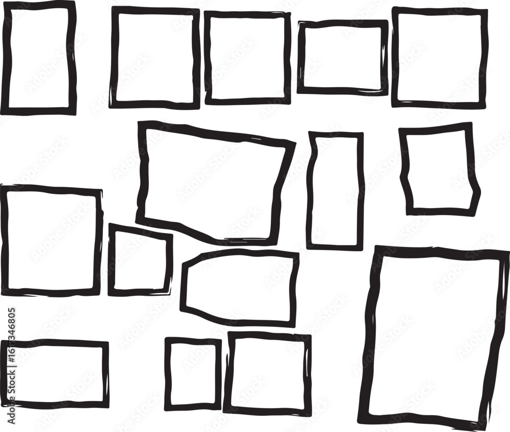 Poster collection of hand drawn rough rectangular frames isolated on transparent background