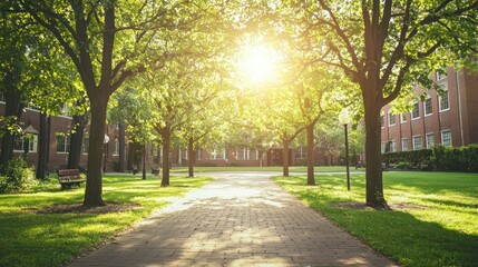 Obraz premium A sunlit brick courtyard with trees and benches, with a brick path leading towards a brick building in the background.