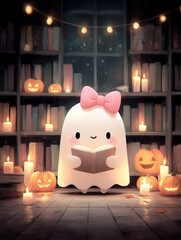 Adorable Halloween Ghost with Bow Reading in Pumpkin Library