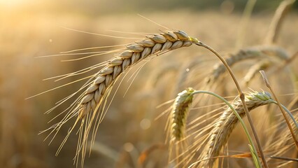 Golden ripe wheat stalks sway gently in the warm sunlight of a summer field