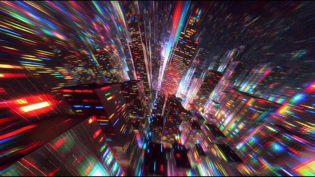 infinite zoom Droste cityscape, neon cyberpunk block morphing recursively into smaller copies, camera flying endlessly forward, trippy fractal journey, vibrant RGB glow 91_51 1_4K_10s