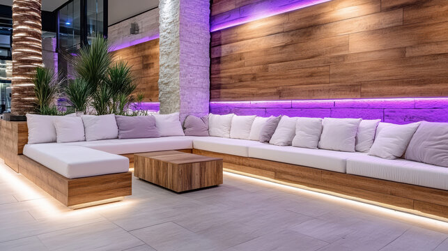 Modern lounge area with cozy seating, wooden accents, and vibrant purple lighting creates