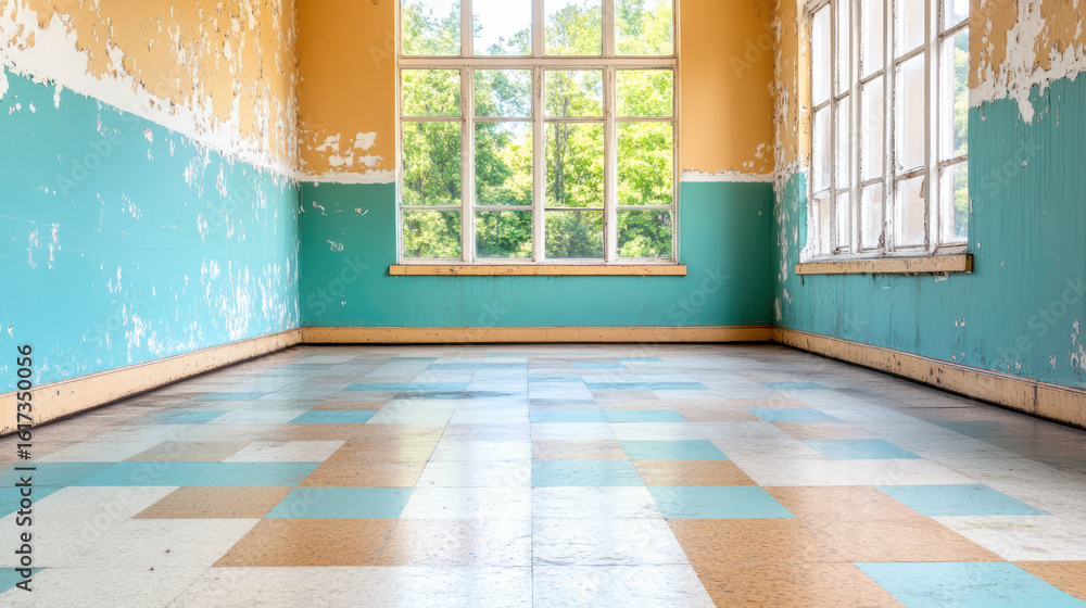 Poster peeling paint and colorful tiles create nostalgic atmosphere in this empty room