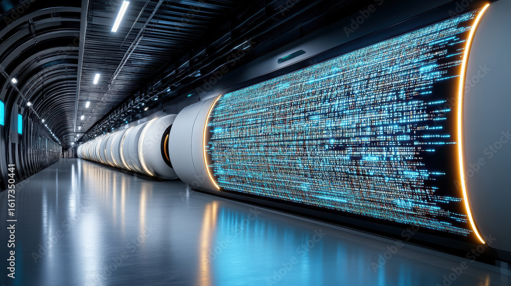 Poster futuristic corridor with glowing data streams and sleek design creates high tech atmosphere