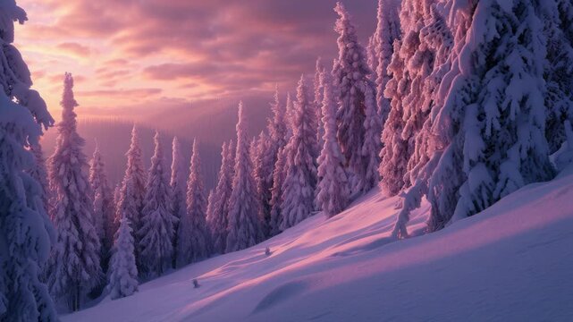 Serene winter sunset scene with snow-covered pine trees. The sky is painted with soft hues of purple and orange.
