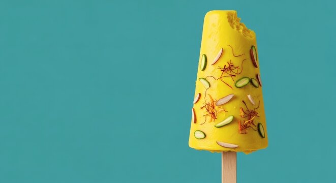 A delicious yellow kulfi ice cream on a stick, garnished with saffron and nuts, with a bite taken out against a blue background.