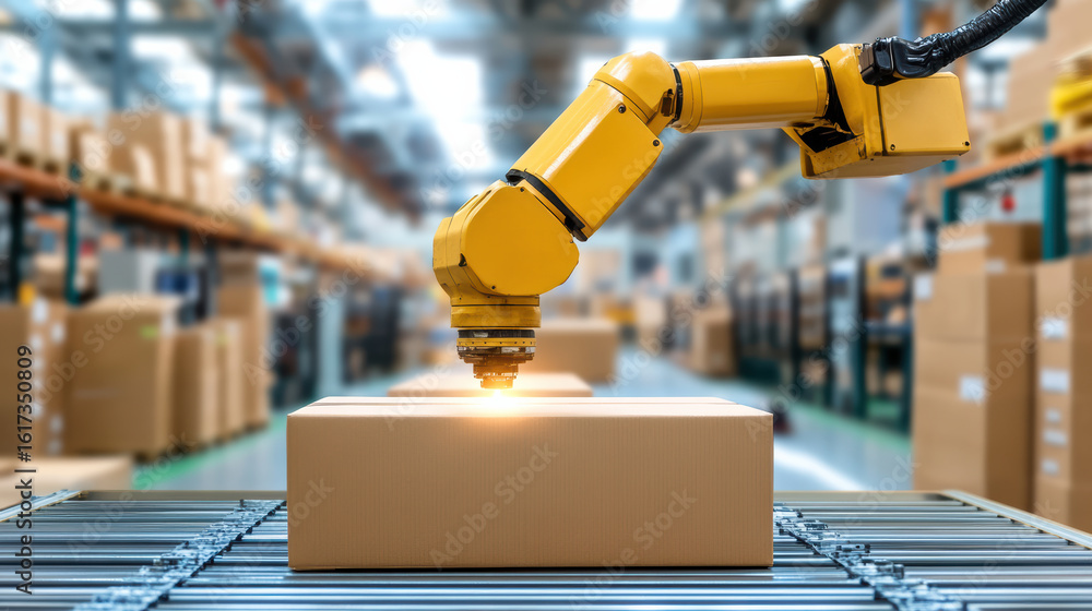 Poster automated robotic arm handling packages warehouse environment, showcasing efficiency