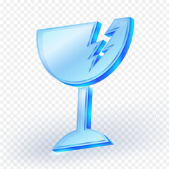 3D glossy icon of a broken glass cup with a crack, symbolizing fragility or handle with care, on transparent background. Suitable for packaging, safety signs, or UI design. Vector illustration.