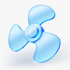 Glossy 3D glass blue fan propeller with three blades. Modern, futuristic style, isolated on transparent background. Ideal for UI, app icons, or technology themed content. Vector illustration.