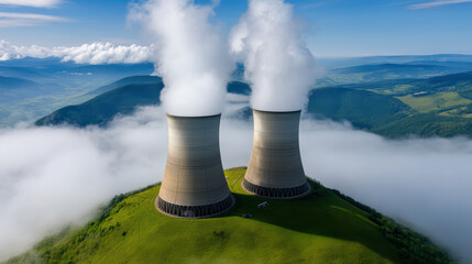 Massive concrete cooling towers surrounded by fog and mountains create striking landscape