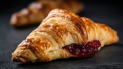 Close-up of a croissant filled with jam.