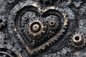 Detailed close-up of intricate gears forming a heart shape