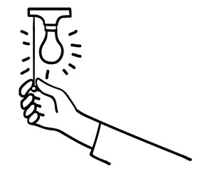 Mono line illustration of a human hand pulling pull switch light bulb fixture to turn on and off  done in a black and white monoline line art style.