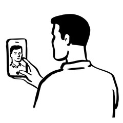 Drawing sketch style illustration of a man taking selfie with smartphone phone camera viewed from rear on isolated background done in black and white line art.