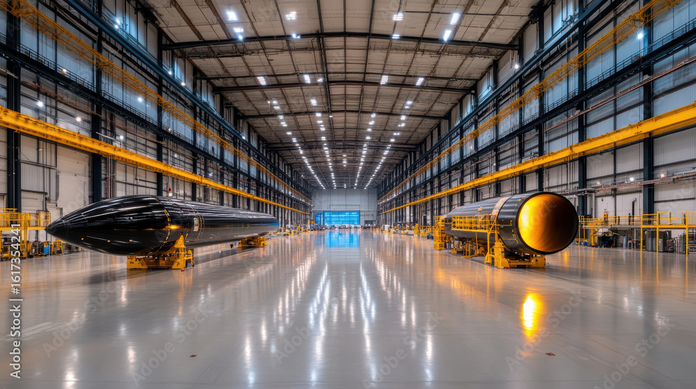 Poster high tech hangar with missile components, showcasing advanced engineering and precision