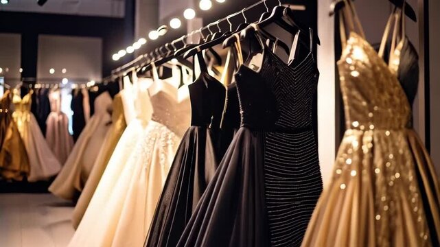 Elegant formal evening gowns displayed on hangers in a boutique, showcasing shimmering gold, black, and cream fabrics with intricate sequin and beadwork designs for special occasions.