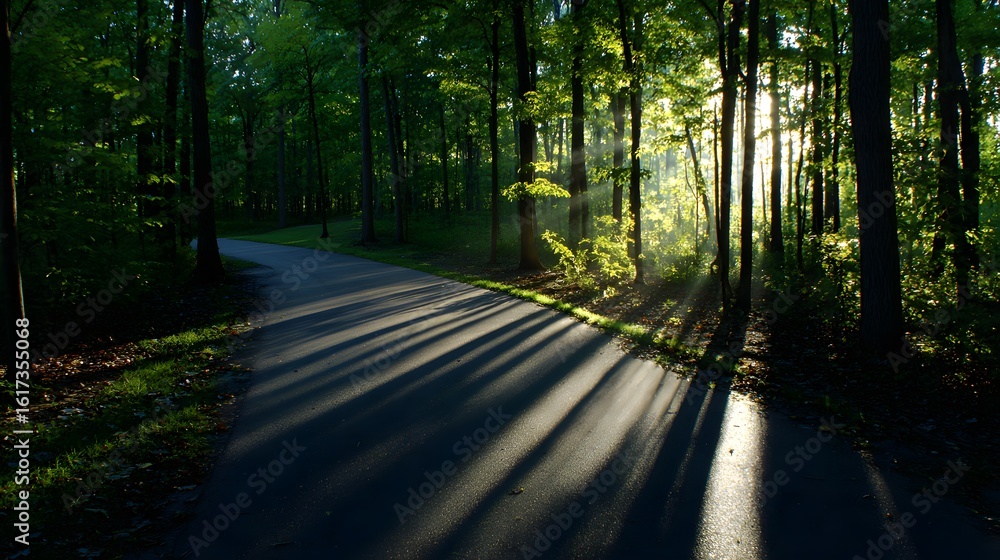 Poster sunlight streams through the trees onto a paved path.