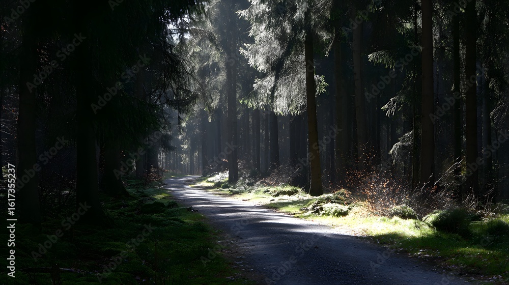 Poster sunlight filtering through a dense forest on a forest path.