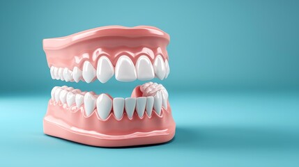 Fototapeta premium A pink and white dental model on a blue background. The model represents a set of teeth with a focus on the upper jaw.