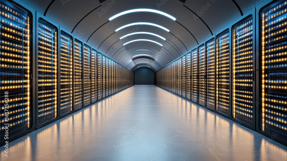 Poster modern data center with illuminated server racks creates futuristic atmosphere