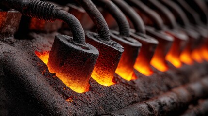 Close-up of glowing heating elements, orange glow from heated metal rods in a row.