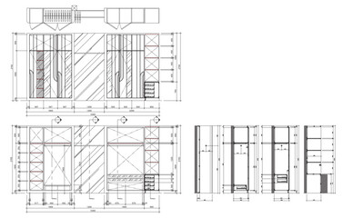 Built-in Wardrobe Design with Central Mirror and Hanging Rod – Vector Section Drawing