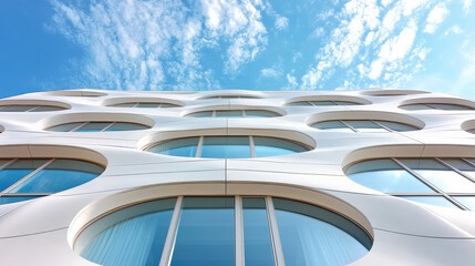 Modern skyscraper with geometric facade and curved windows under bright blue sky